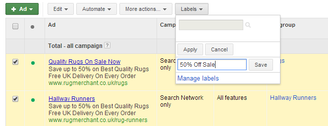 sale labels on google adwords