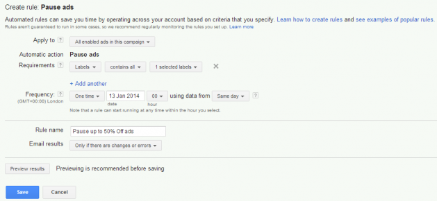 pause ads on adwords