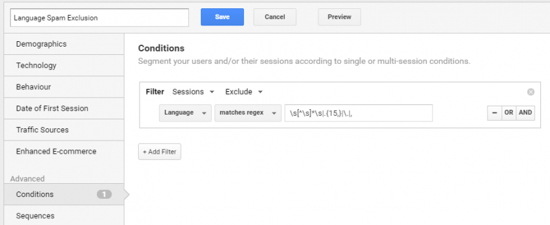 google analytics screenshot - conditions