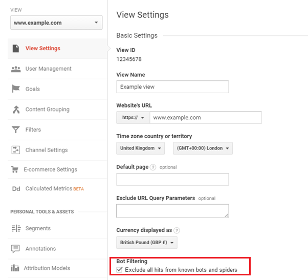 view settings screenshot - google analytics