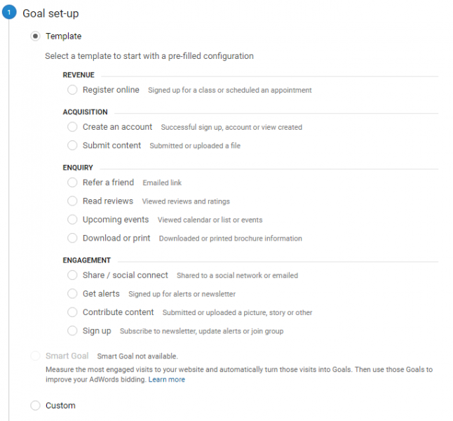 google analytics goal set up templates