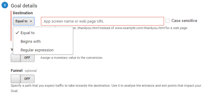 google analytics goal set up destination goal variables