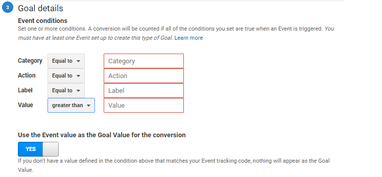 google analytics goal set up templates event goal variables