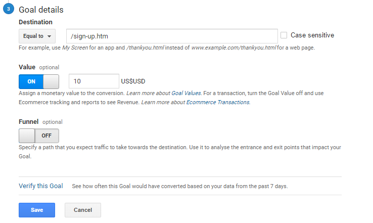 google analytics goal set up templates destination