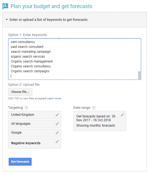 Keyword Planner forecast option