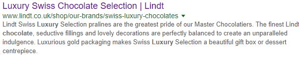 Lindts meta description on SERPs