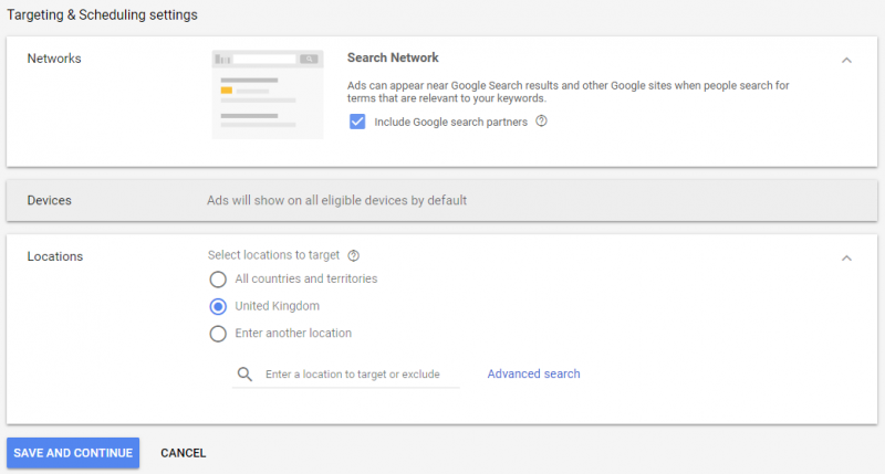 targeting and scheduling settings