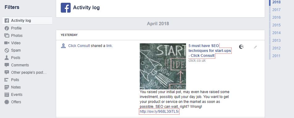 filtering activity log on facebook