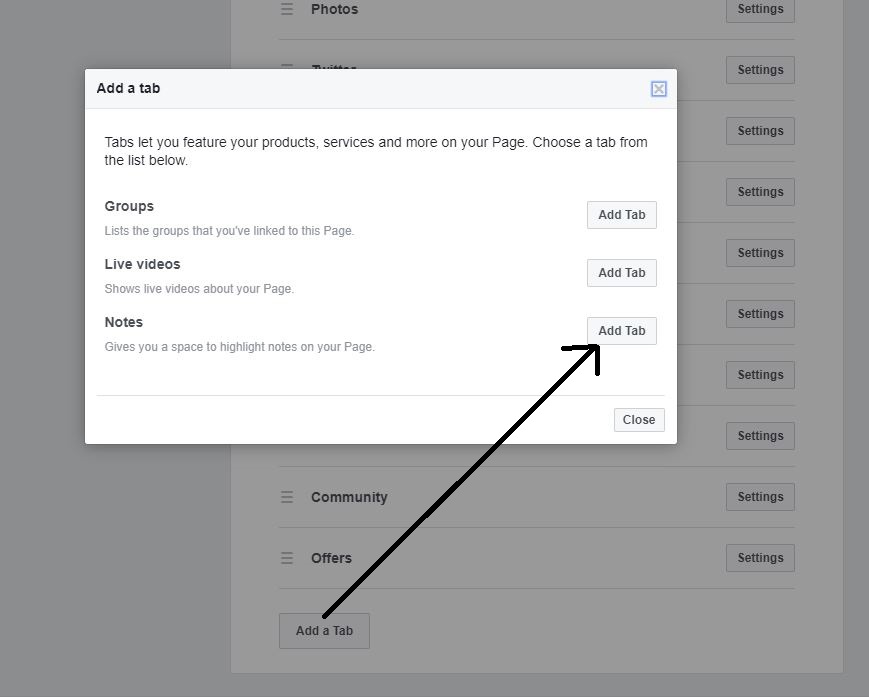how to add Notes tab to Facebook business page
