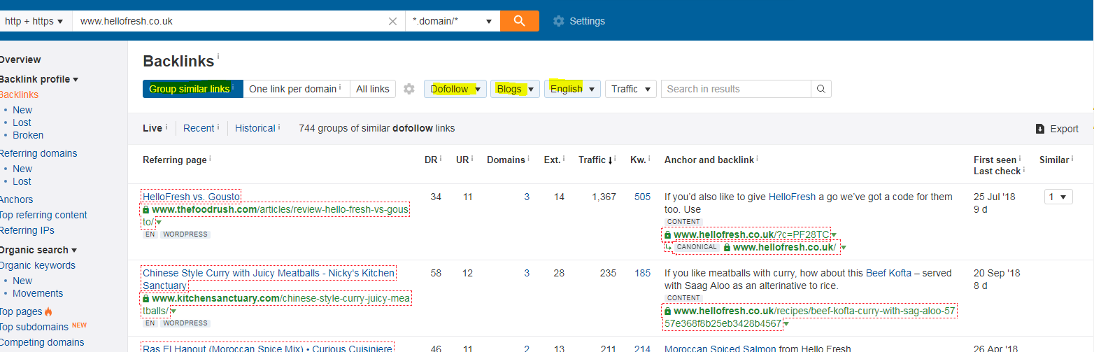 ahrefs - backlinks fltered