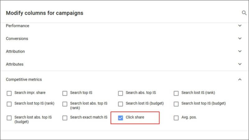 Click share coming to Search campaigns February 11, 2019 Click share is the estimated share of all achievable clicks that you have received. Click share has been available for Shopping campaigns since 2015. We’ve begun rolling it out for Search campaigns and plan to have it available for all Search campaigns in the coming weeks. The lower your click share, the more opportunity you have to capture additional clicks. For example, if your ad is clicked 20 times, but we estimate that it could have been clicked 100 times if you had more extensions, higher bids, or higher budgets, your click share is 20%. Best Practice: Continue using clickthrough rate (CTR) for ad copy performance comparisons. Use click share to view click growth opportunities with more extensions or bid or budget increases. Use impression share to view impression growth opportunities with bid or budget increases. Click share will be available at the campaign, ad group, and keyword levels for Search campaigns in the coming weeks. Posted by Pallavi Naresh, Product Manager, Google Ads