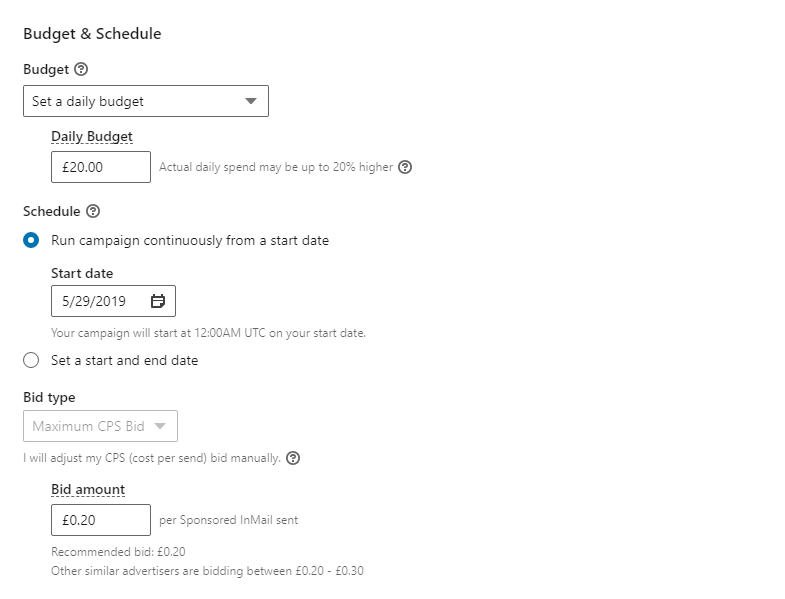linkedin ads setting up a budget and schedule