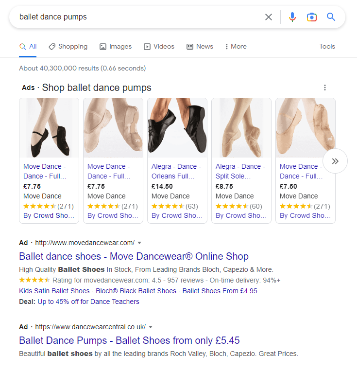 screen capture showing ads featured for the search term 'ballet dance pumps'