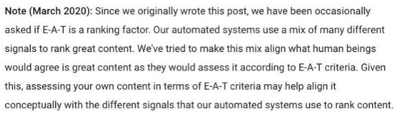 Google statement on EAT in updated rater guidelines