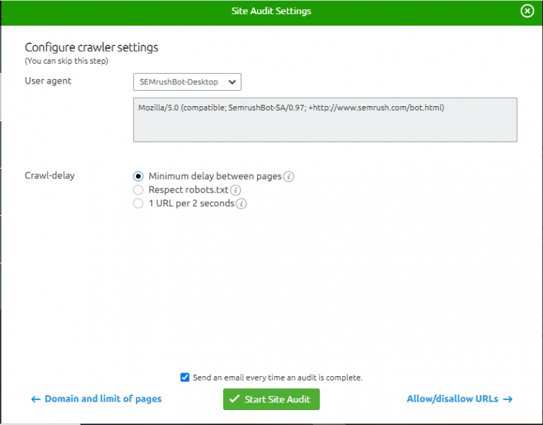 SEMrush project crawler settings 2