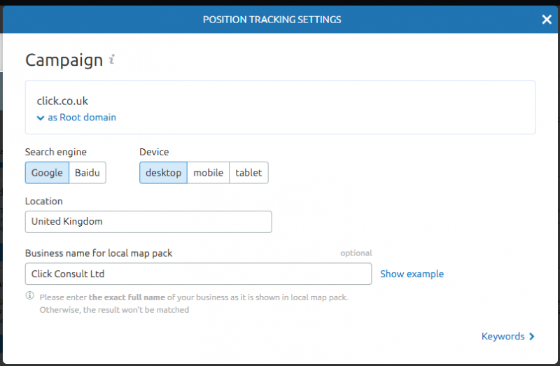 SEMrush project campaign setup