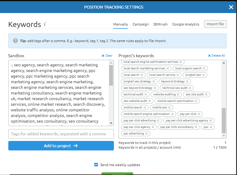 SEMrush project keywords 1