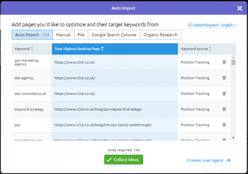 SEMrush project keywords import