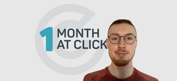 A man - Matty - in front of a Click Consult branded background