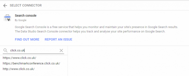 find search console property data studio