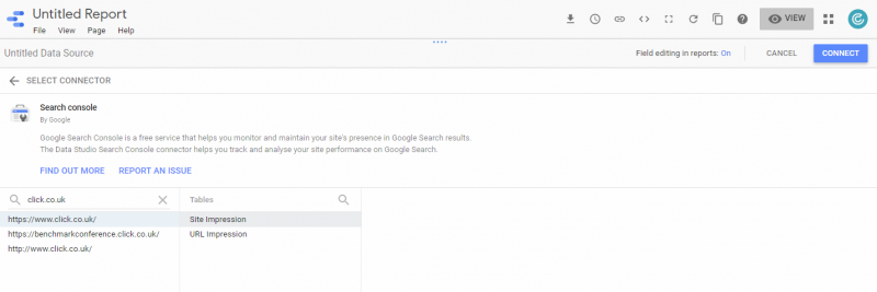 search console site or url impressions data studio