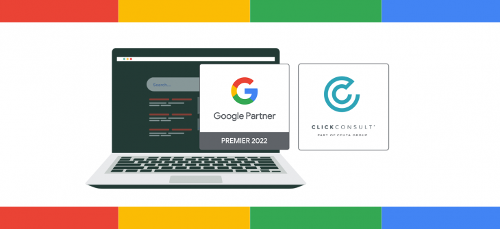 Google Partner logo and Click Consult logo alongside a laptop