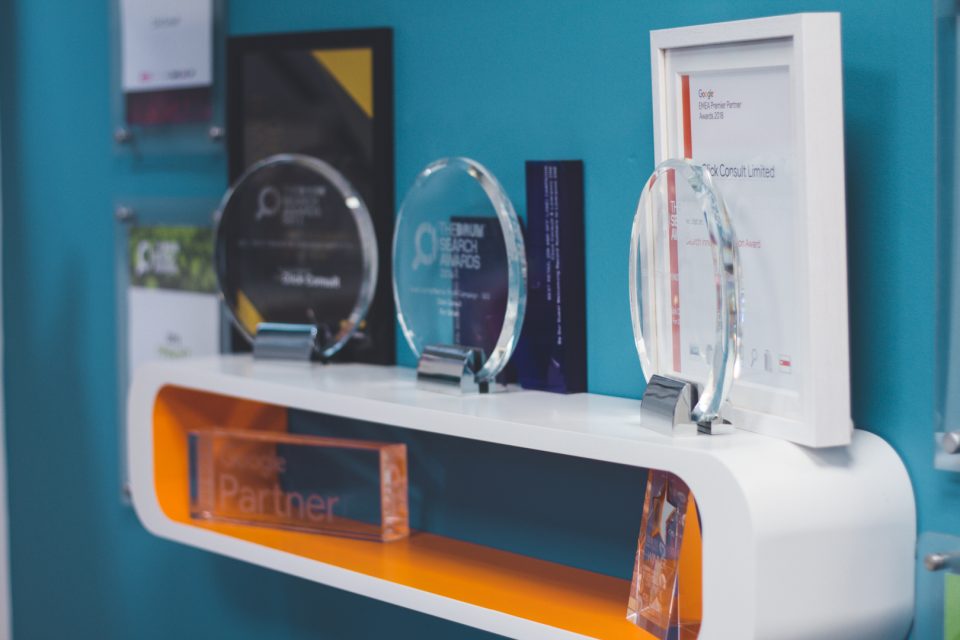 One of our award shelves looking full!