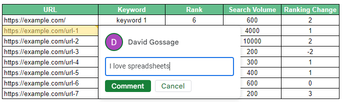 google sheets hacks image of table showing commenting