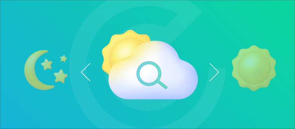 Search and Digital Marketing Forecast header image for SEO predictions featuring a moon, a full sunshine and cloudy day with organic search service icon