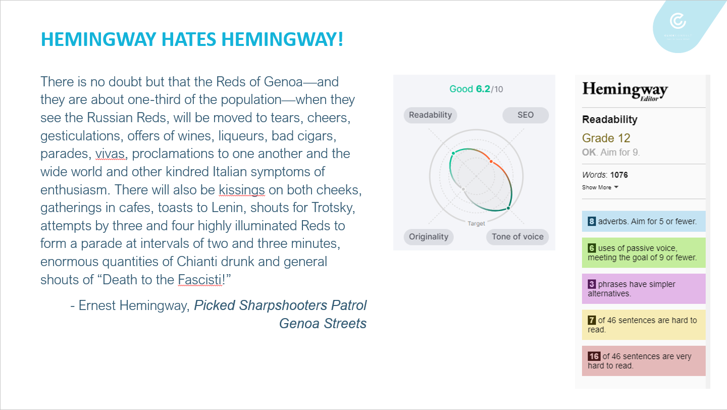 slide showing readability scores from online tools for hemingway's article picked sharpshooters patrol genoa streets