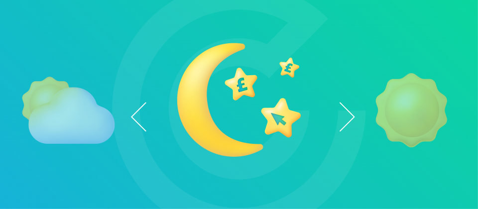Search and Digital Marketing Forecast header image for SEO predictions featuring a moon, a full sunshine and cloudy day with paid media service icon