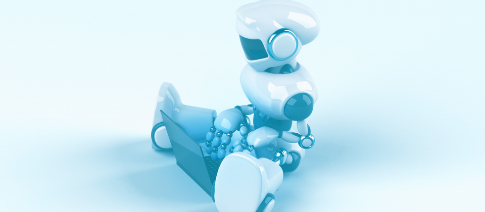 future of machine learning in search is not chatGPT or Bard_Blog Header - a robot sits with a laptop