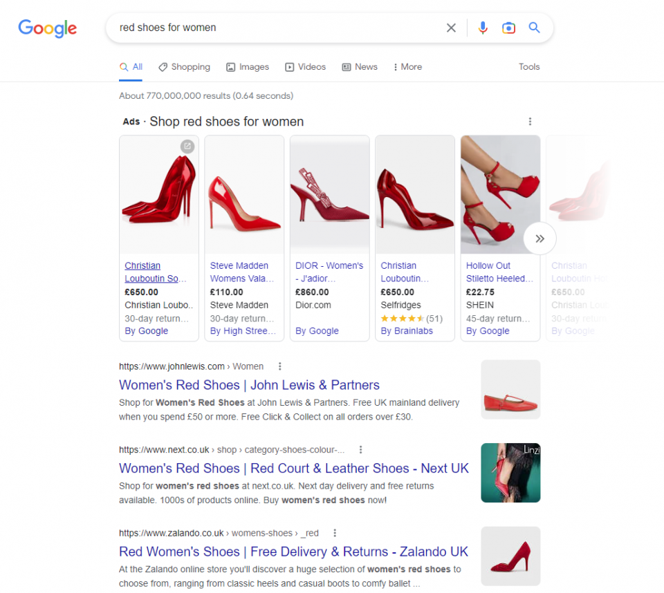 search result page for 'red shoes for women' search term