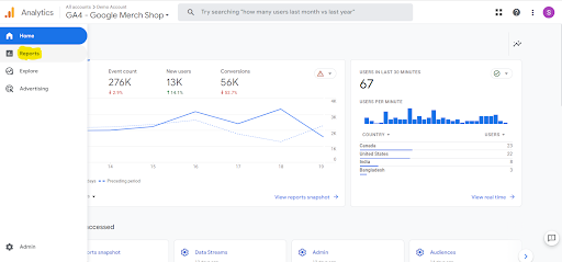 Screenshot showing where to find the reports dashboard on GA4