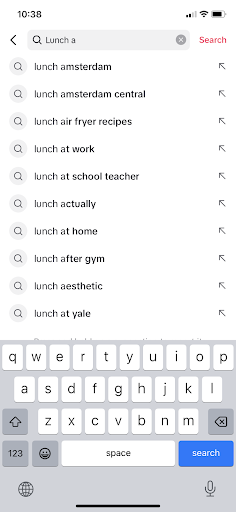 TikTok search page showing keywords that come up when you type in "lunch a"