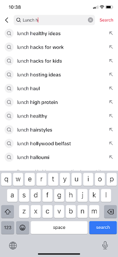 TikTok search page showing keywords that come up when you type in "lunch h"