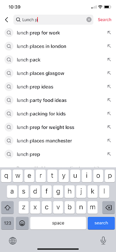 TikTok search page showing keywords that come up when you type in "lunch p"