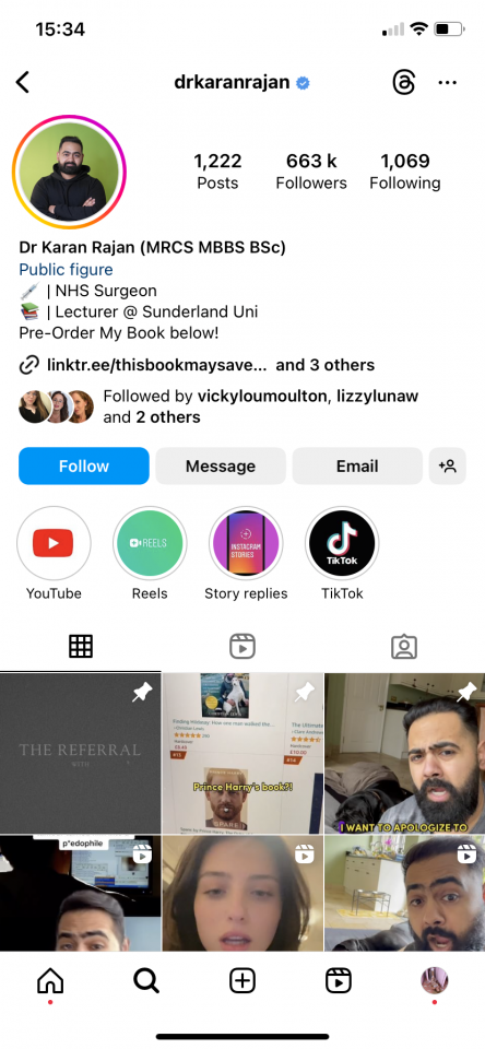 Screenshot of @drkaranrajan Instagram, as an example of influencer marketing in the health and wellness industry