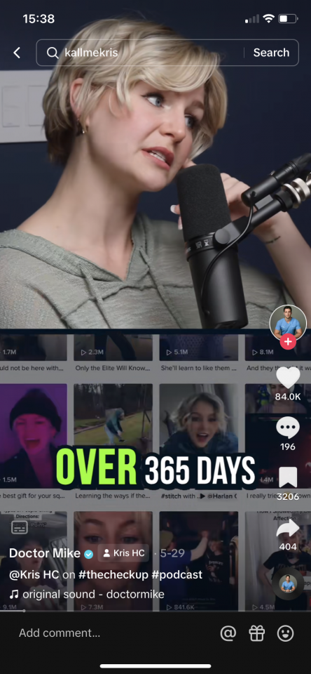 Screenshot of TikTok @doctor.mike did with @kallmekris as an example of how health influencers can also use influencer marketing as an engagement tactic