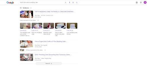 Screenshot showcasing YouTube videos in a video carousel on the Google results pages.