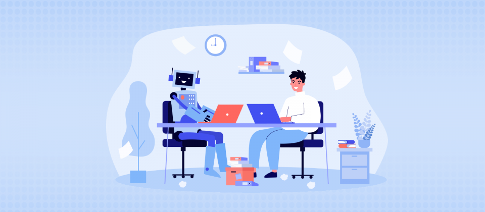 Blog Header Image Image of robot and human both working on a laptop