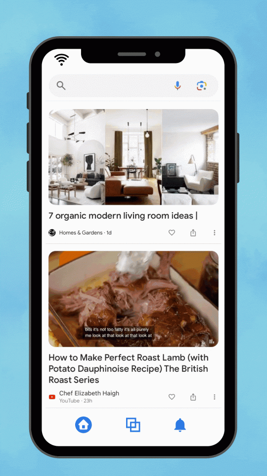 Example of how the Google Discover feed looks when scrolling through, including video content
