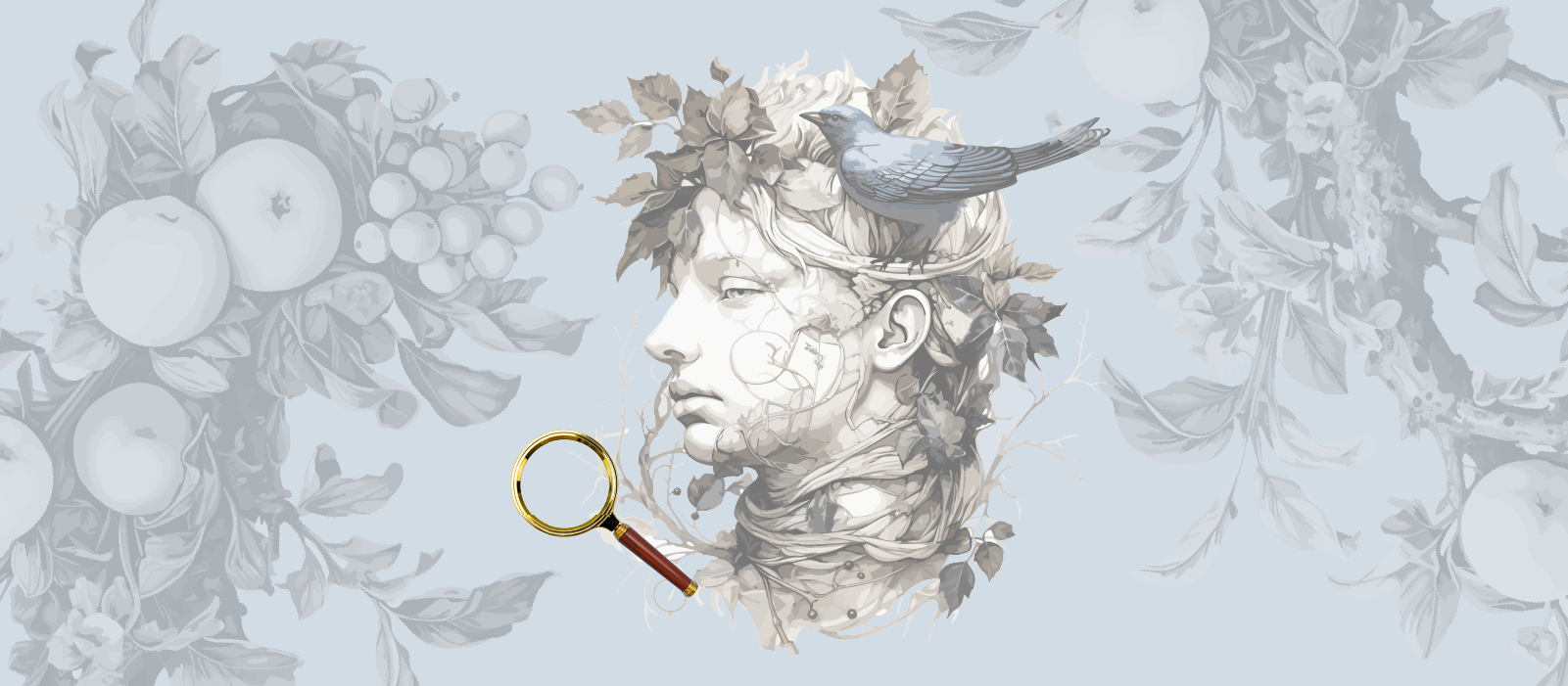 Ancient Greek bust with a blue bird on it's head beside a magnifying glass
