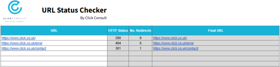 Bulk URL status and redirect checker by Click Consult
